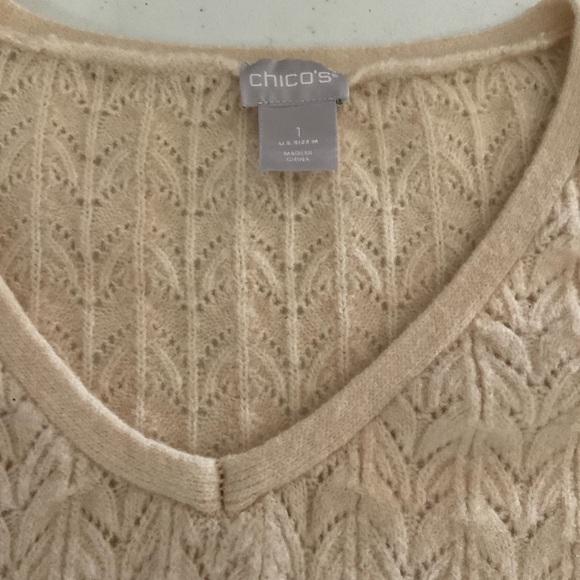 Chico’s Cable Knit Sweater V-Neck “Drama” Pullover Oatmeal Women’s 8 (Chico’s 1) - Picture 5 of 13
